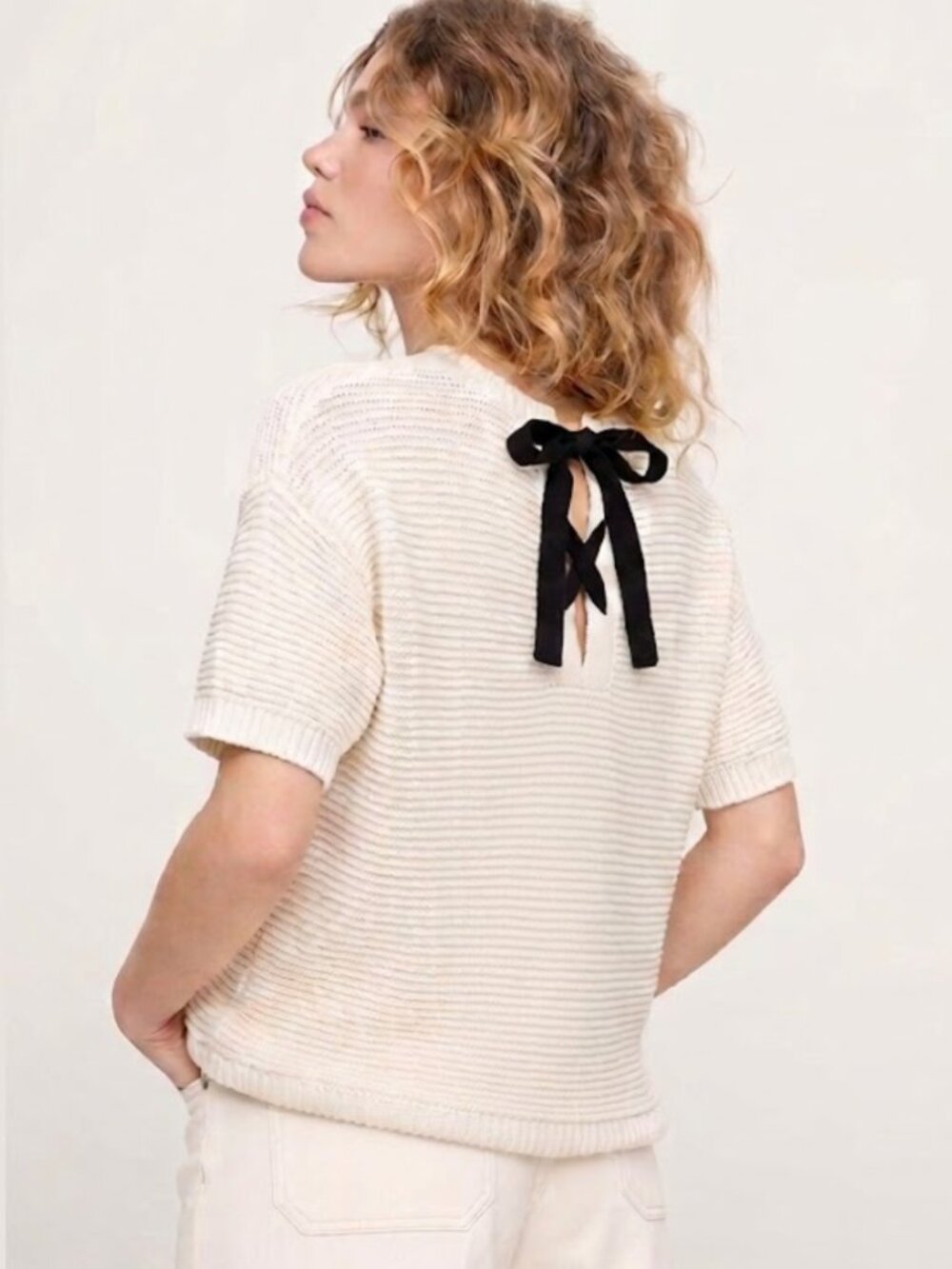 GAP Ribbed Knit Short Sleeve Sweater Corset Lace-Up Back Bow Detail Size S